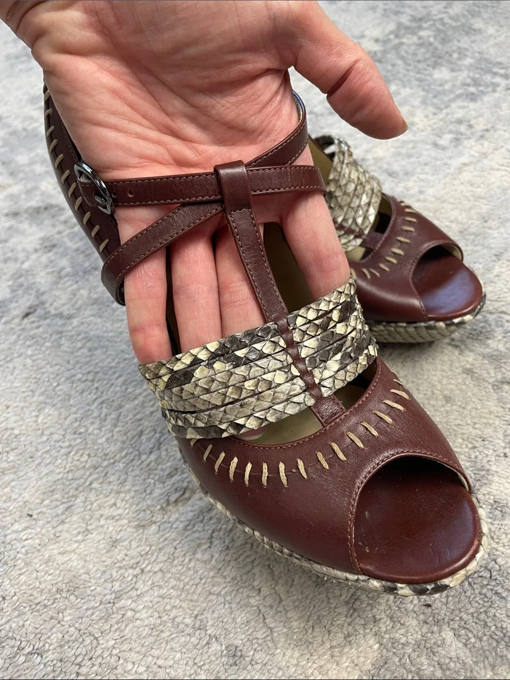 Alexandre Birman Python Leather Platform Heels Brown T Strap Size 9.5